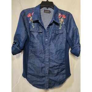 Cavalini Denim Collection Women's Embroidered Floral Denim Shirt Size M